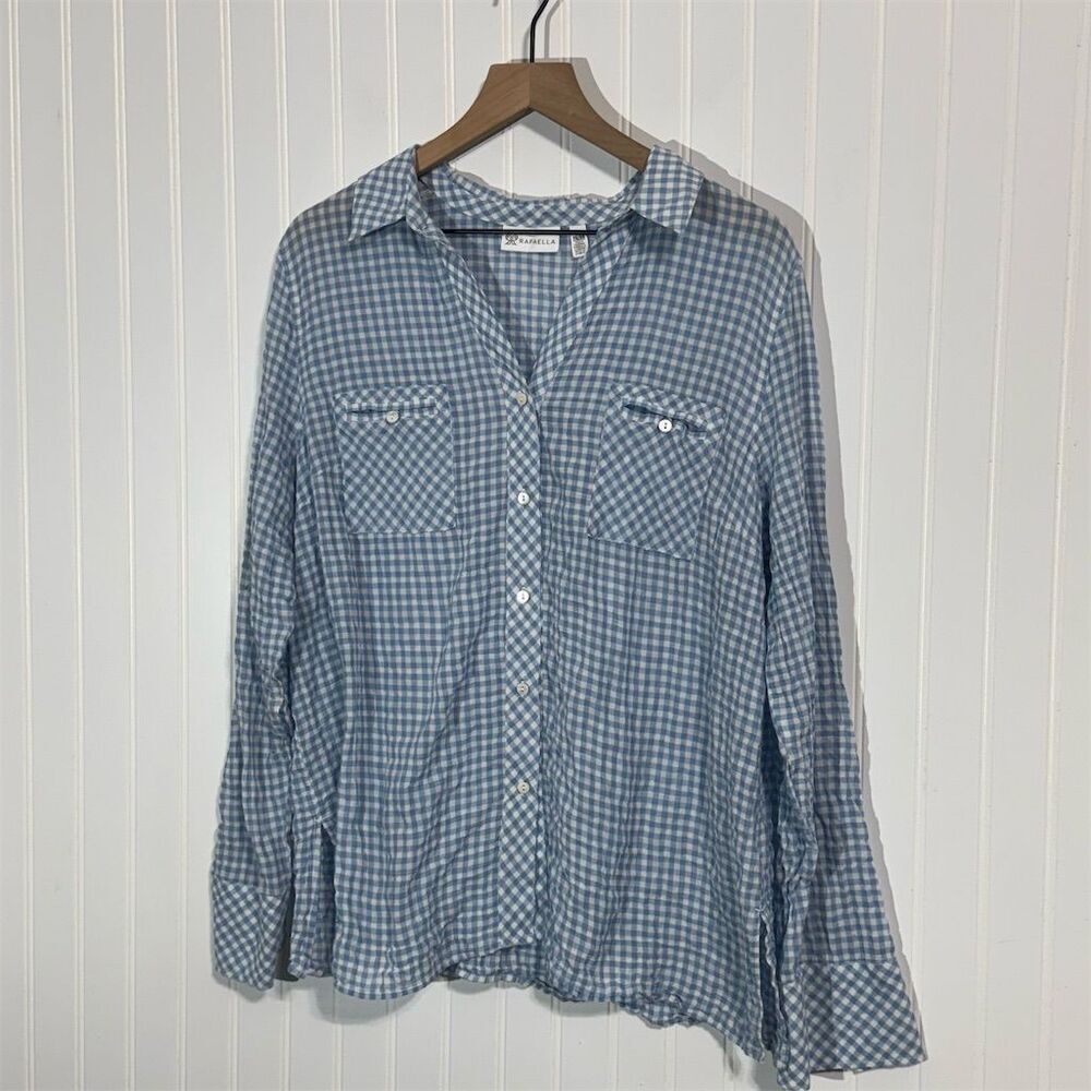 Rafaella Gingham Button Down Shirt XL Cotton Blue Check Preppy Classic‎ Office